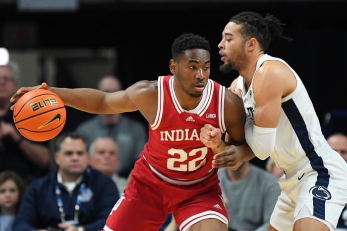 Indiana Hoosiers forward Jordan Geronimo (22) drives to the basket as Penn State Nittany Lions guard Seth Lundy (right) defends during the first half at the Bryce Jordan Center.